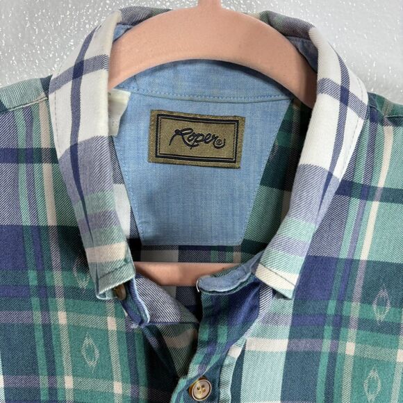 Roper Button Down Mens Medium 15.5 Short Sleeve Blue Green Plaid Shirt - Picture 3 of 7